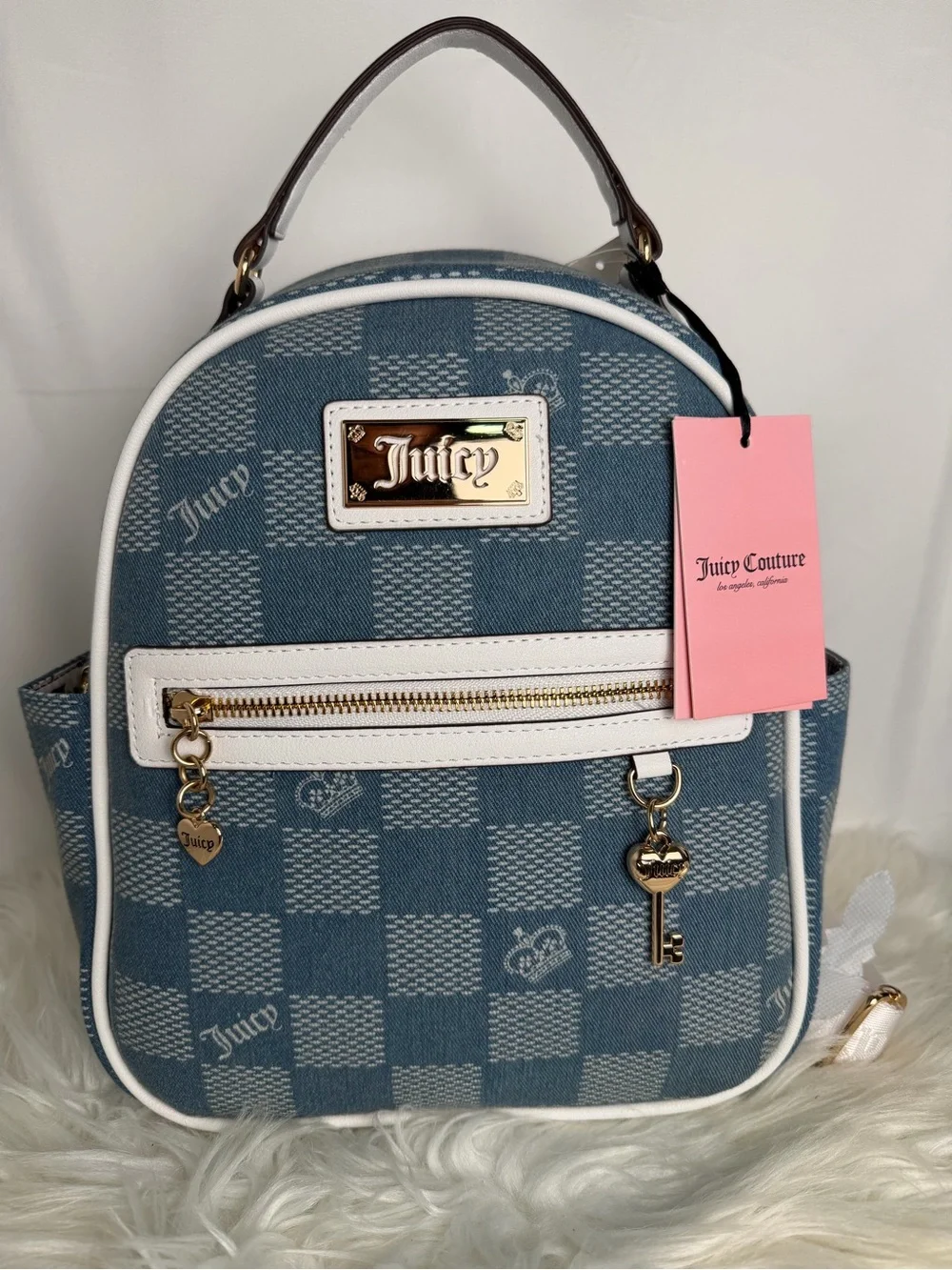 Juicy Couture Blue Check Mini Backpack with White Trim and Gold Accents